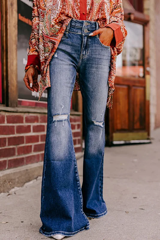 Blue Button Fly Ripped High Waist Flare Jeans