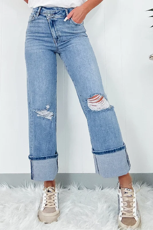 Dusk Blue High Rise Asymmetric Button Ripped Jeans