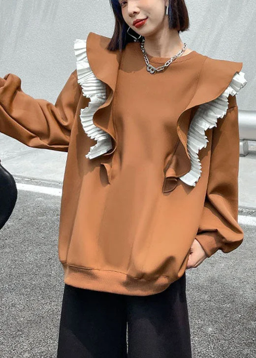 Boho Khaki O-Neck retro Ruffled Patchwork Fall Sweatshirt Street wear