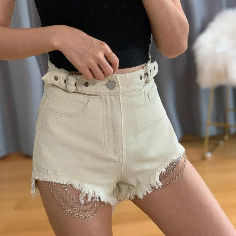 Spring And Summer Fashion Vintage Washed Hollow-out Midriff Chain Denim Shorts