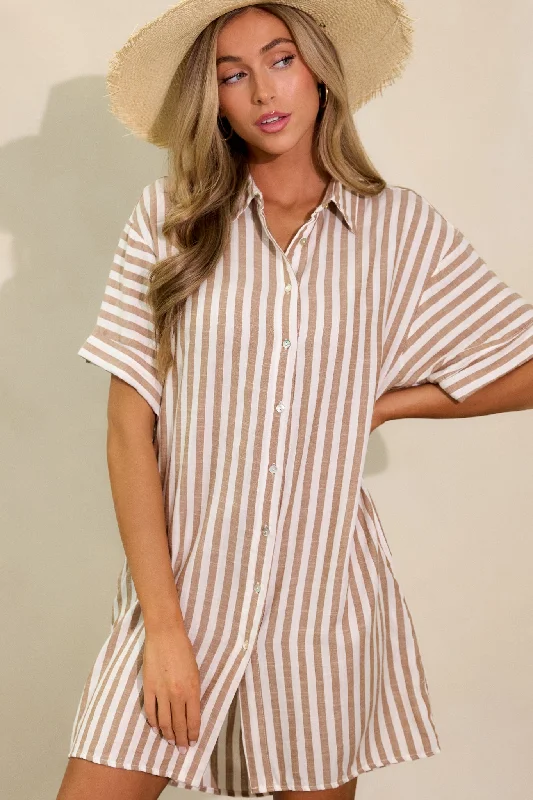 Chasing Joy Taupe Stripe Button Front Mini Dress