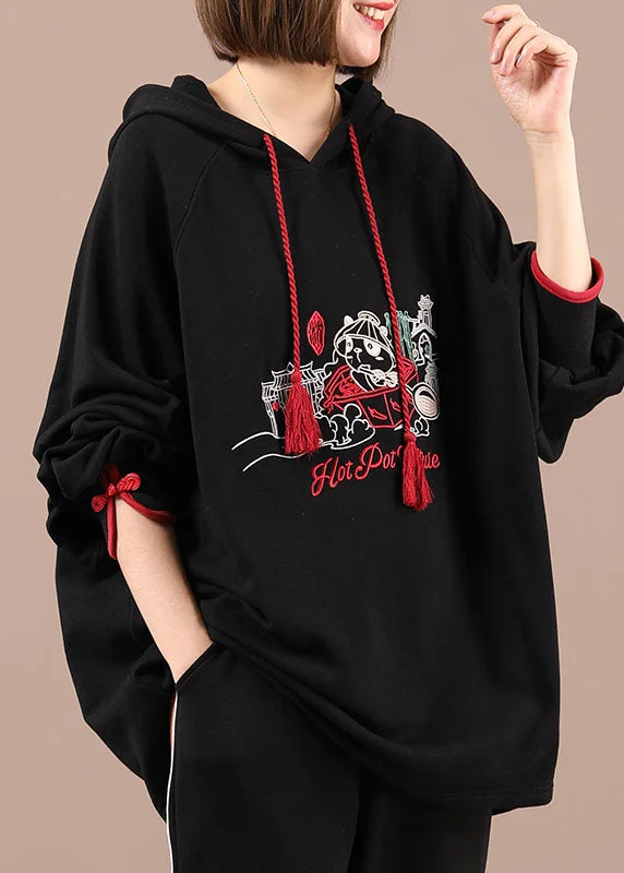 Beautiful Black Hooded Embroideried Drawstring Fall Loose Sweatshirts Top