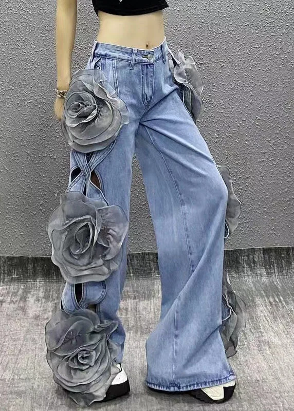 Original Design Blue Hollow Out Floral Denim Wide Leg Pants Fall