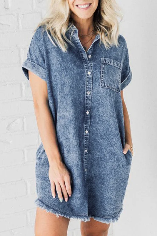 Blue Mineral Wash Frayed Hem Denim Dress