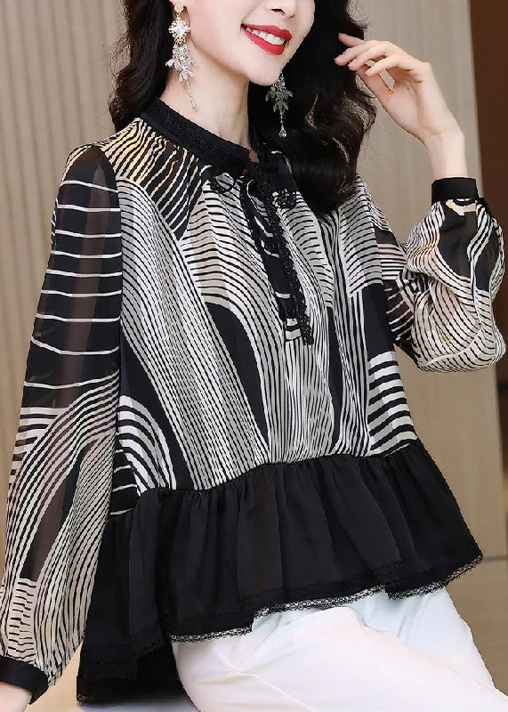 Beautiful Ruffles Striped Patchwork Chiffon Shirt Tops Long sleeve