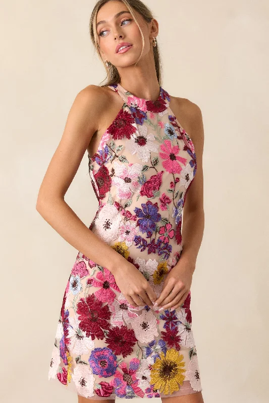 Elegantly Enchanted Fuchsia Multi Floral Mini Dress