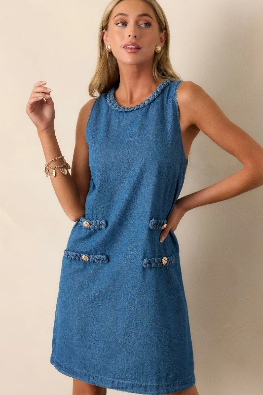 Chic Charm 100% Cotton Medium Wash Chambray Mini Dress