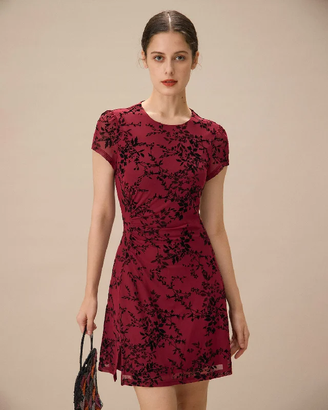 Red Floral Boat Neck Mini Dress