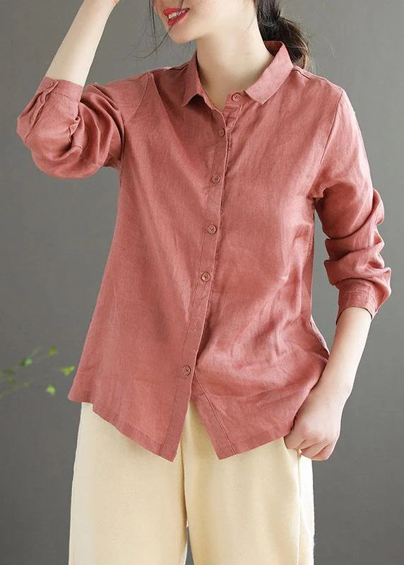 Bohemian Pink Loose Casual Button Summer Linen Long Sleeve Blouse Top