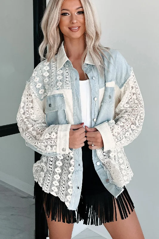 Unique & Interesting Lace Crochet Button-Down Shirt (Denim)