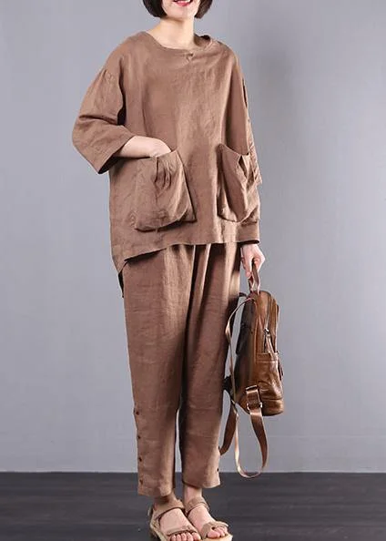 autumn new dark khaki big pockets tops and women casual trousers