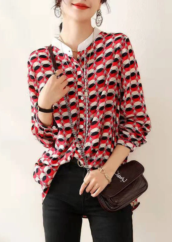 Bohemian Red Stand Collar Print Chiffon Shirt Top Long Sleeve