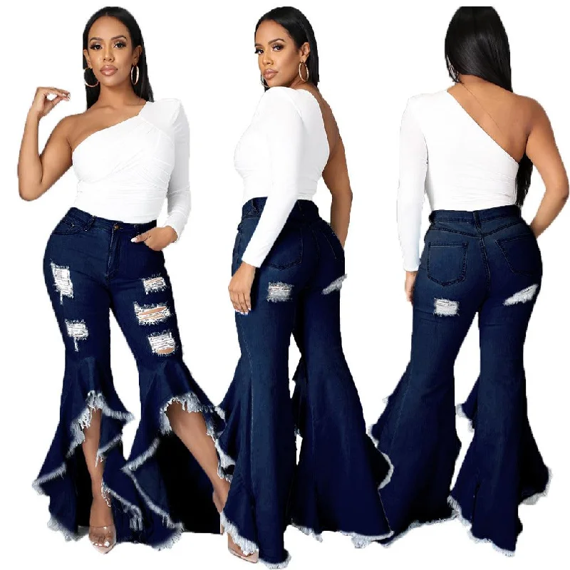 Fashion Stitching Ripped Washed Denim Stretch Slim Bell-bottom Pants