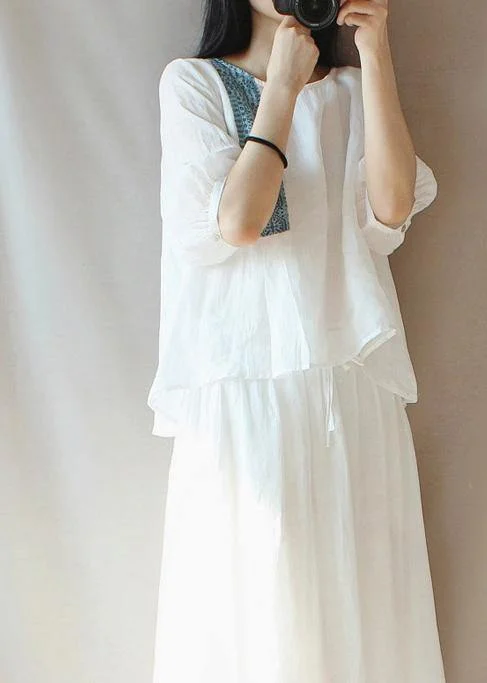 Beautiful White Top Silhouette O Neck Lantern Sleeve Plus Size Clothing Blouses