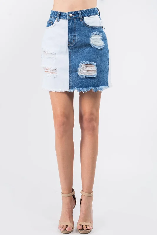 Patched Denim Distressed Skirts