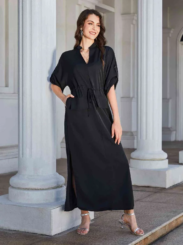 High Slit Roll-tab Sleeve Notched Neck Maxi Dress