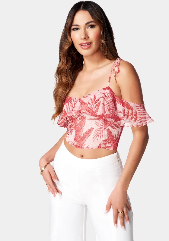 Cold Shoulder Spaghetti Strap Ties Ruffle Top