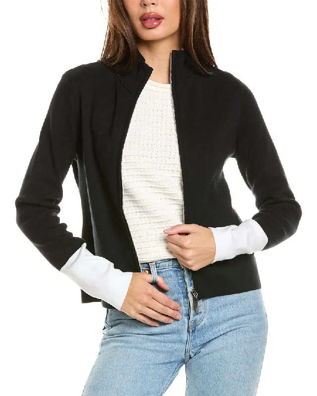 Forte Cashmere Contrast Trim Zip Mock Cardigan