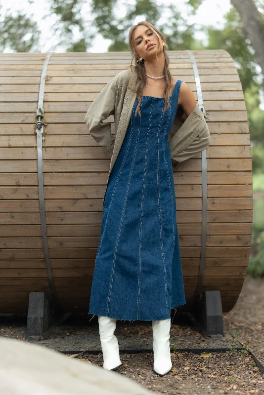 Paneled Denim Maxi Dress