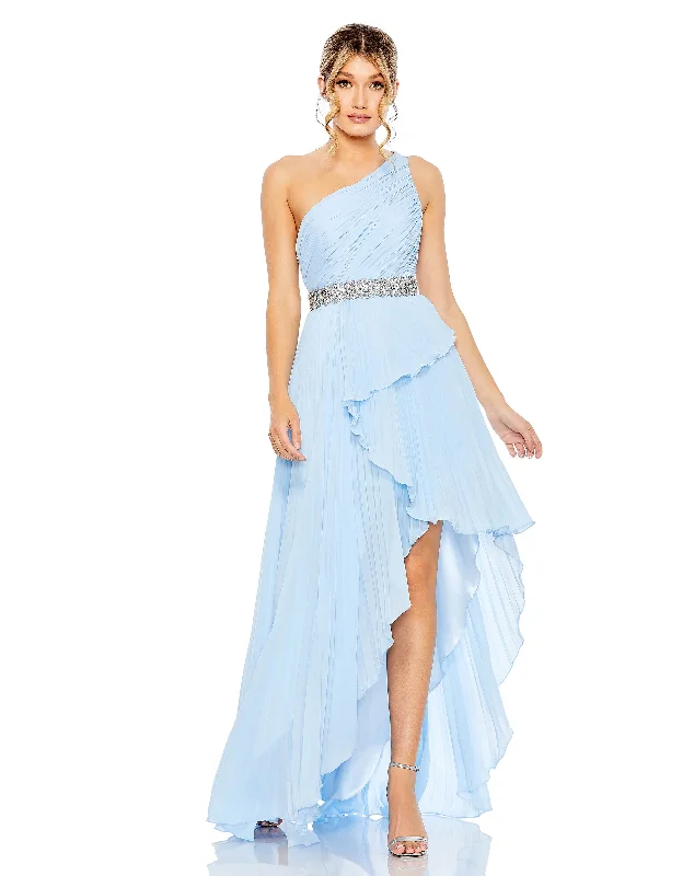 Pleated One Shoulder Asymmetrical Ruffle Hem Gown