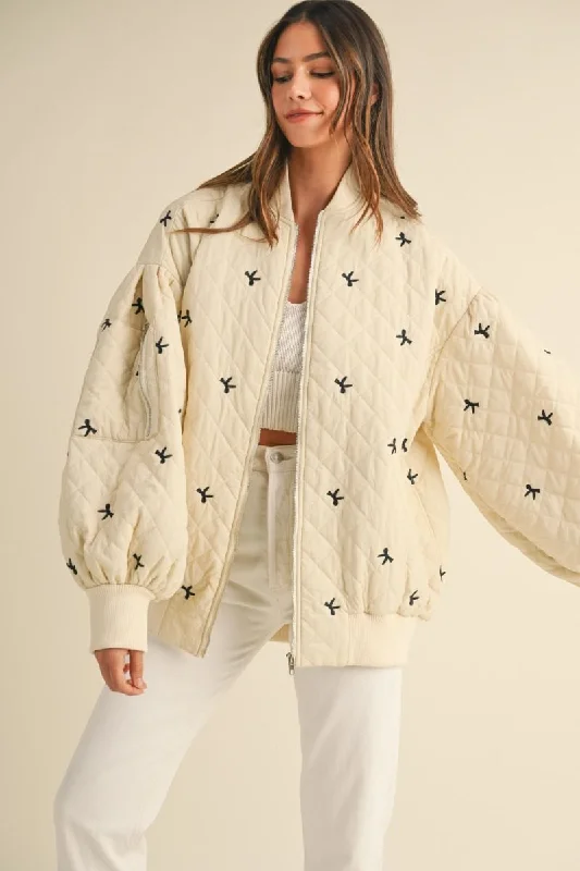 BOW PRINT QUILTED OVERSIZED BOMBER JACKET