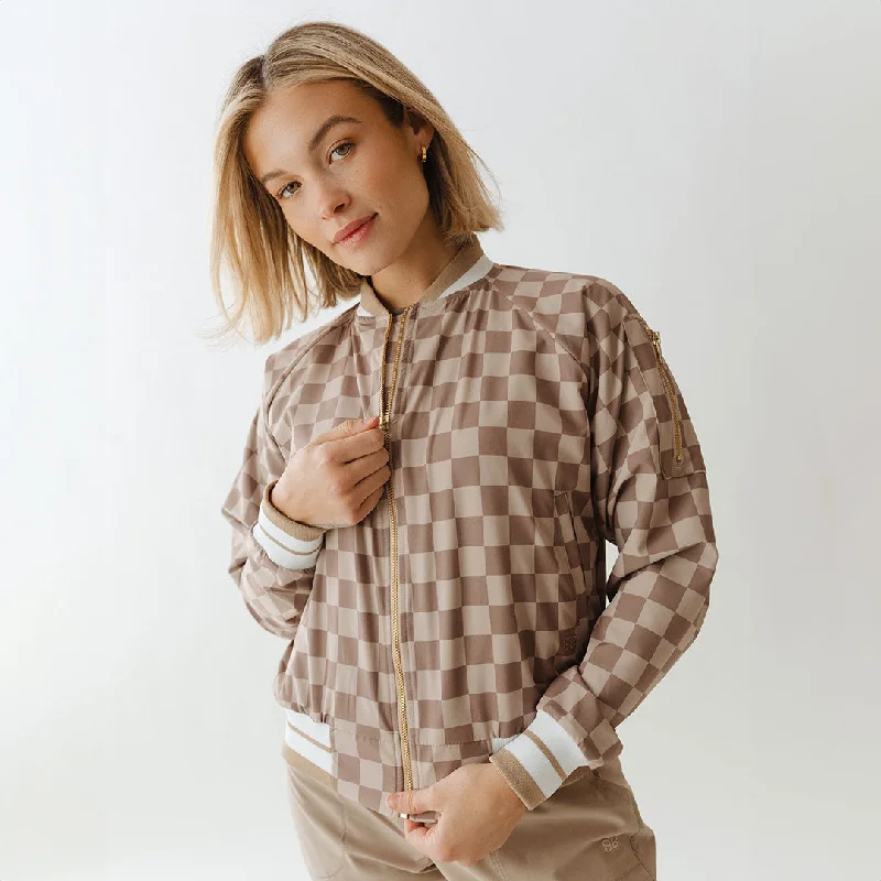 Brown Checkers Bomber Jacket