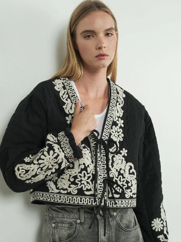 EMBROIDERED PUFF SLEEVE JACKET WITH TIE - BLACK