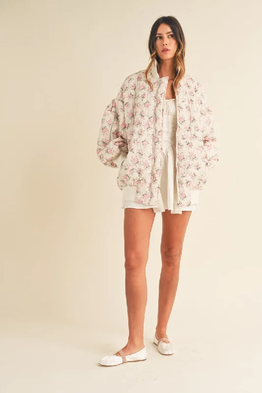 FLORAL PRINT QUILTED OVERSIZED BOMBER JACKET