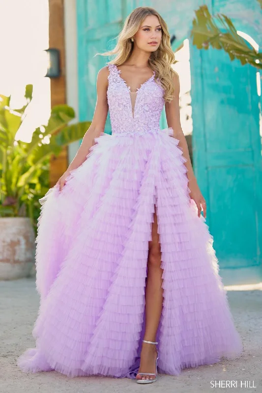 Sherri Hill Sleeveless Ruffle Tulle Ballgown Dress 56086