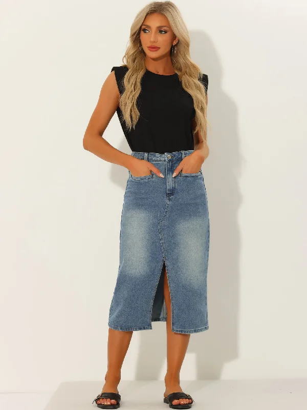 High Waist Slit Front with Pockets Jean Midi Denim Skirt