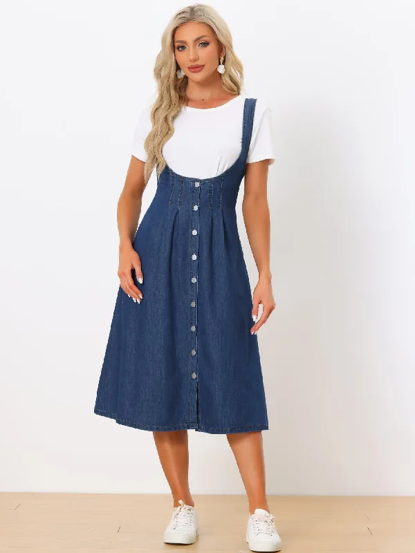 Suspender Dress Button Front Classic U Neck Overall Denim Midi Dress with Pockets