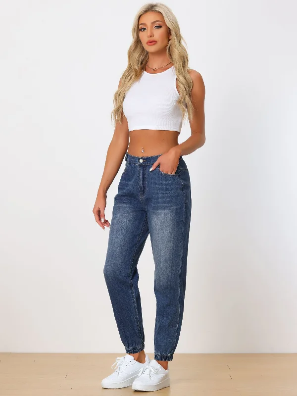 Jean Joggers Casual High Waisted Elastic Waist Denim Pants