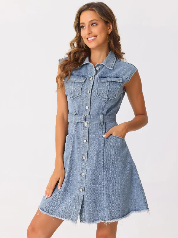 Denim Button Down Lapel Belted A-Line Pockets Mini Shirt Dress