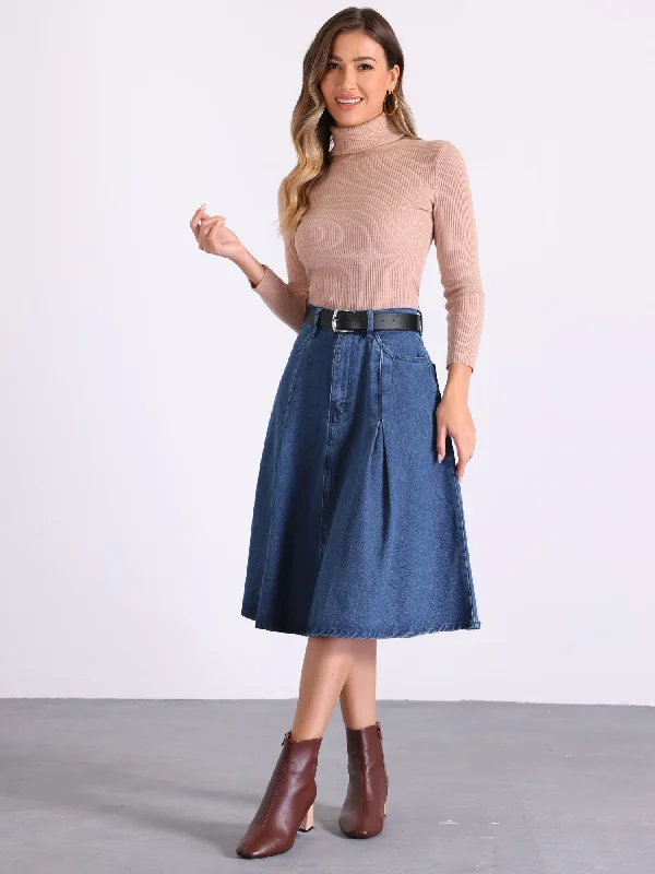 Denim High Waist A-Line Pockets Belted Midi Jean Skirt