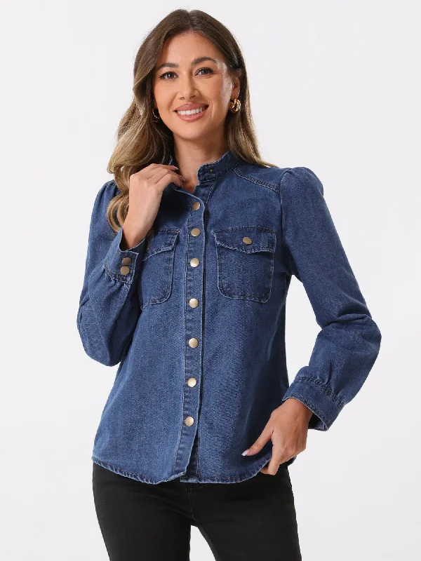 Denim Mock Neck Puff Long Sleeve Button Down Jean Shirt