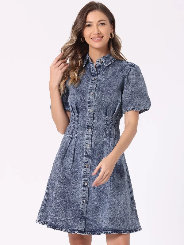 Denim Puff Short Sleeve Button Down A-Line Jean Dress