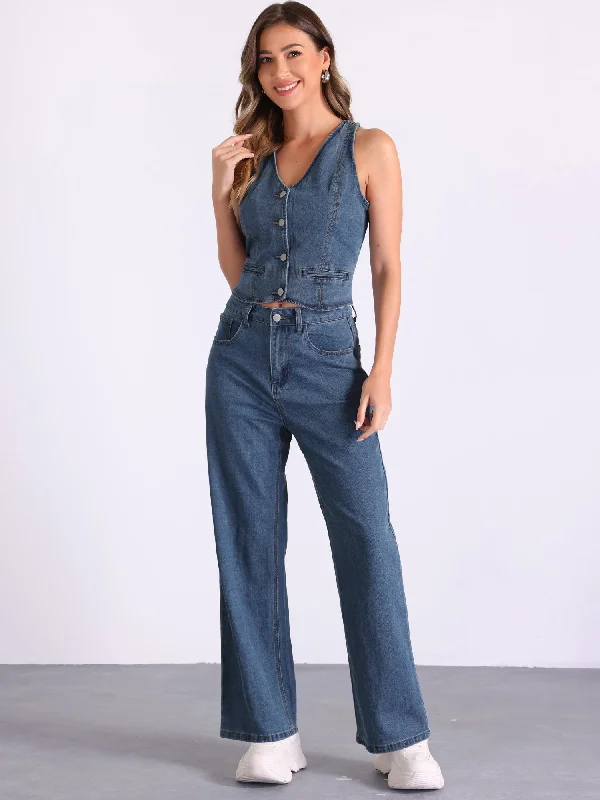 2 Pieces Sleeveless Button V Neck Denim Waistcoat Vest & Wide Leg Jeans Set