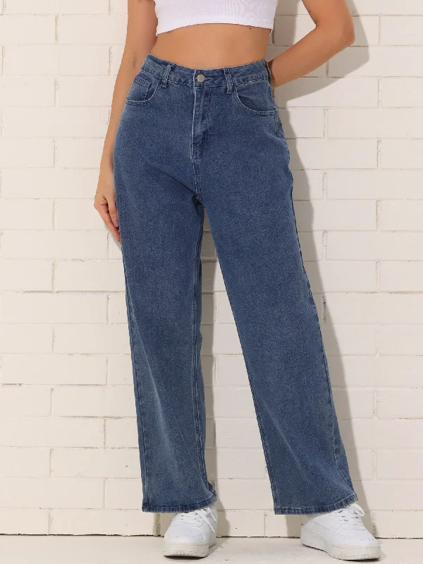 Casual High Rise Straight Leg Denim Pants Stretchy Jeans