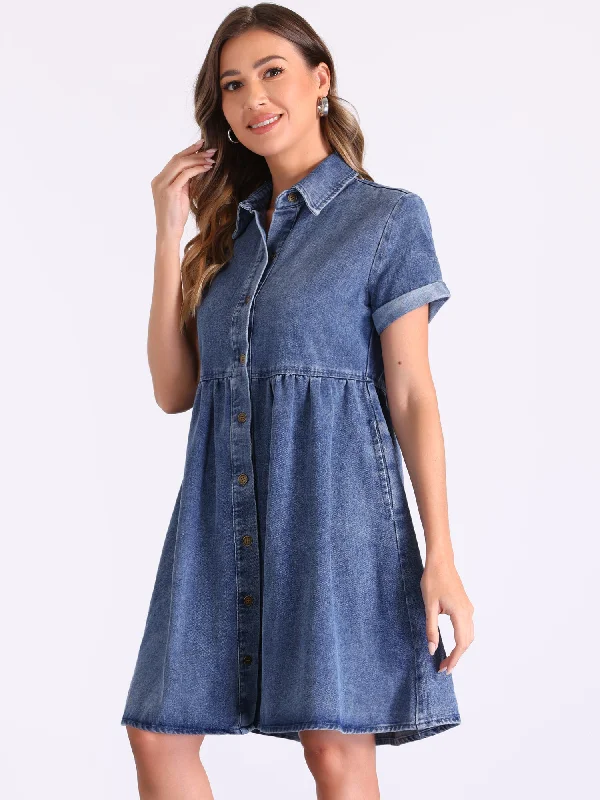 Denim Collared Pocketed Short Sleeve Babydoll Jean Dress