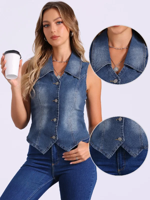 Sleeveless Collared Button Down Denim Vest