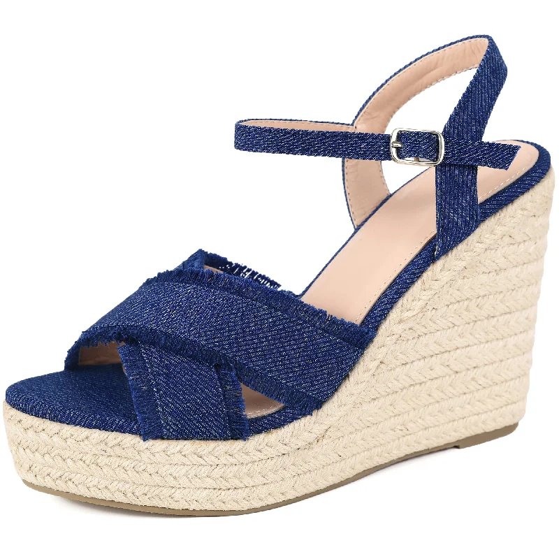 Women's Denim Crisscross Platform Espadrilles Wedge Sandals