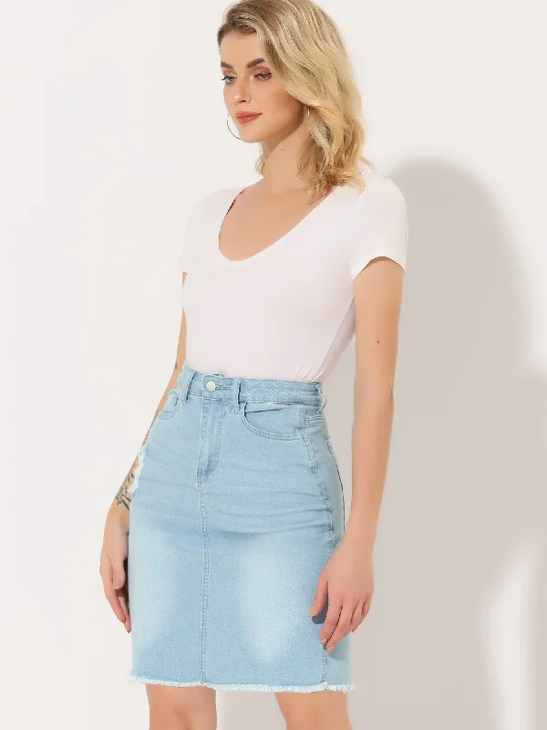 Basic Distressed High Waist Ripped Hem Washed Jeans Denim Skirt